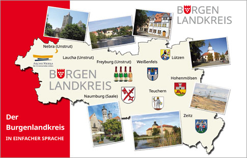 Ein Foto der Broschüre zeigt den Burgenlandkreis und Fotos von Sehenswürdigkeiten
